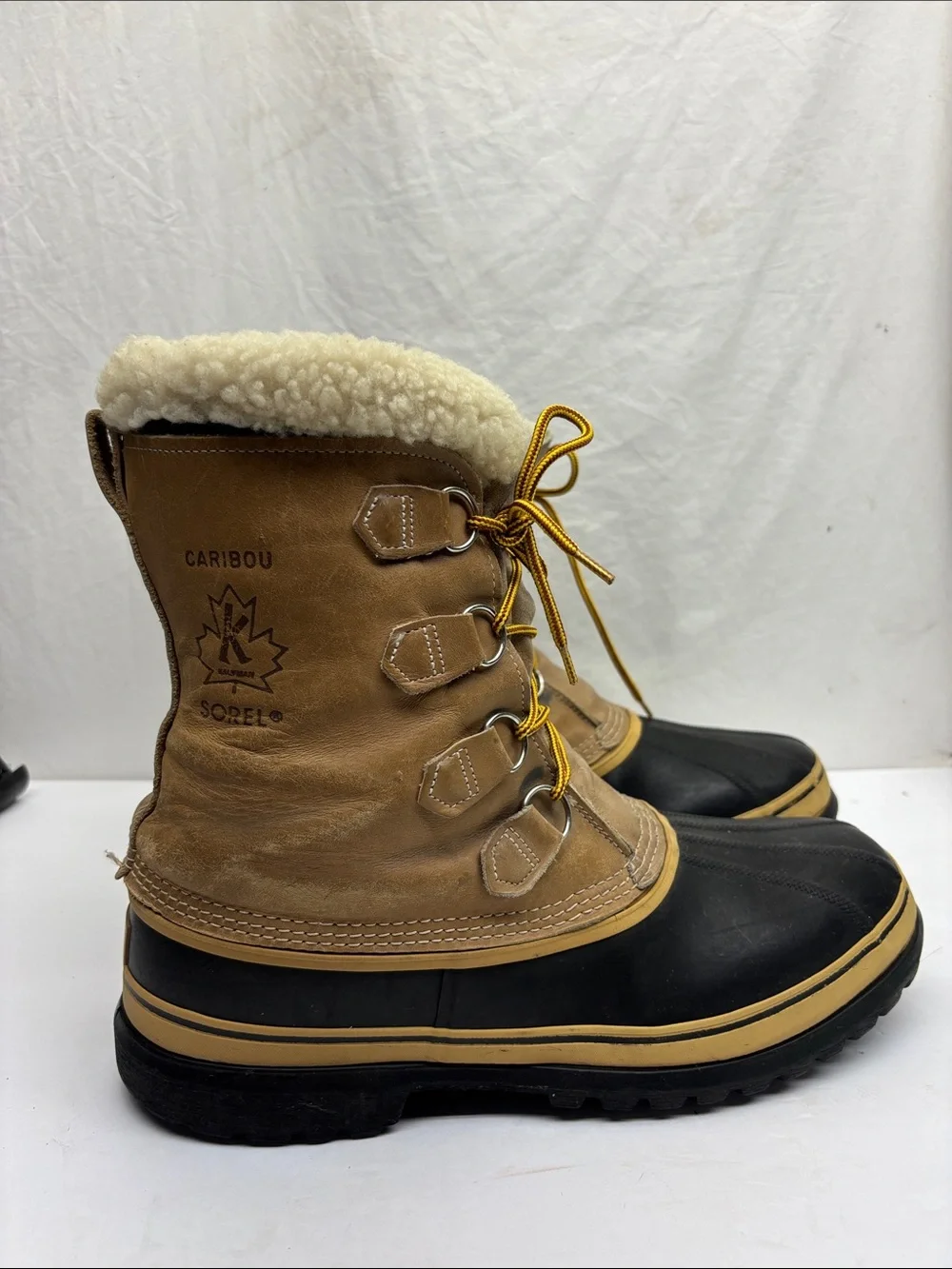 Sorel Caribou Shearling-Lined Waterproof Duck Boots in Tan & Black, SZ 13
